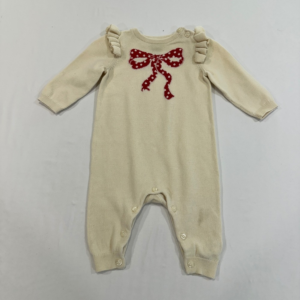 Baby Gap Knit Bow Romper Baby Girl 3-6M Cream Ruffle Shoulder | Coquette‎